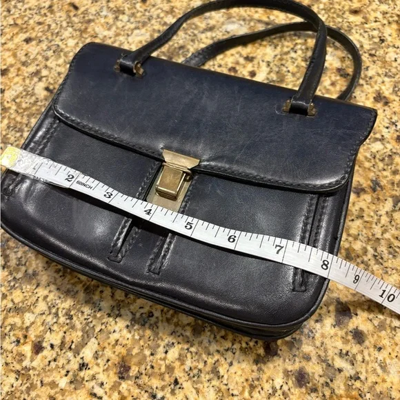 Vintage Italian Leather Small Satchel structured Hand Bag Midnight Blue Pockets - Picture 3 of 13